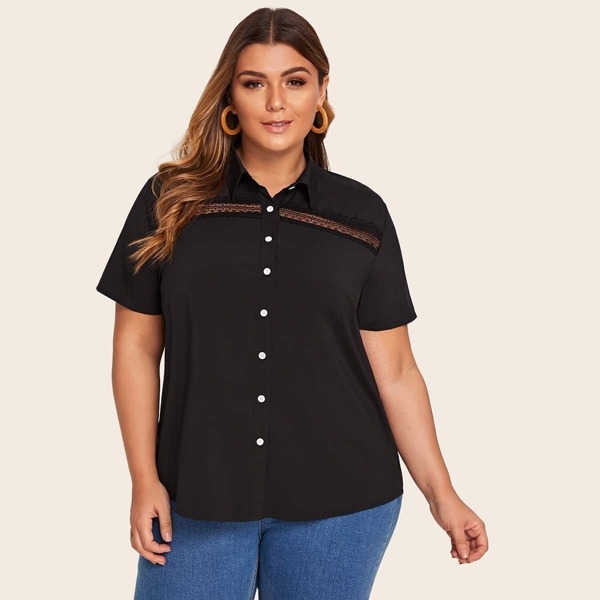 

Plus Contrast Lace Button Front Blouse