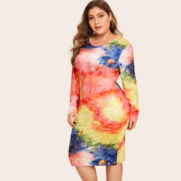 

Plus Tie Dye Round Neck Skinny Tee Dress