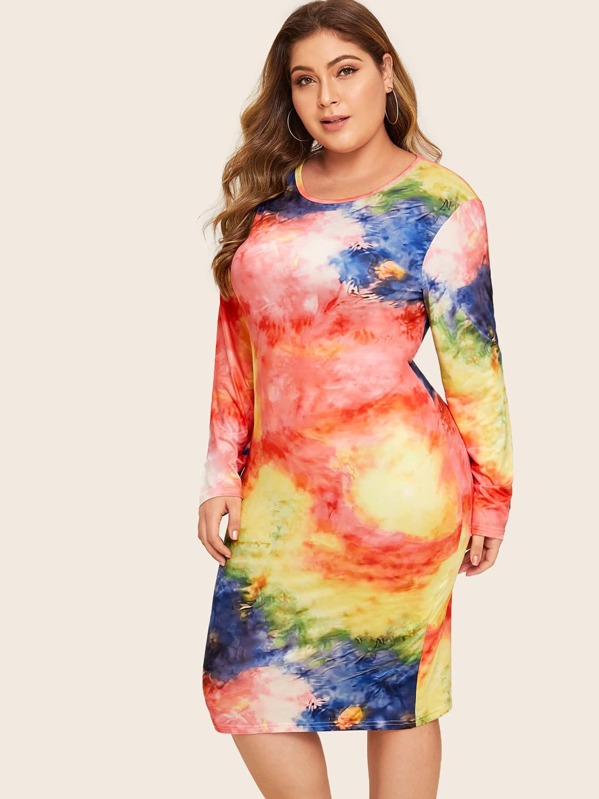 

Plus Tie Dye Round Neck Skinny Tee Dress, Multicolor, Carol