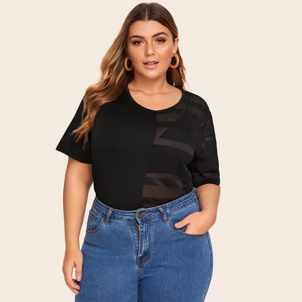 

Plus Solid Contrast Mesh Sheer Tee, Black
