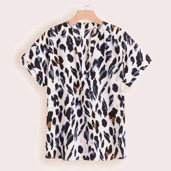 

Plus Notched Collar Leopard Print Blouse, Multicolor
