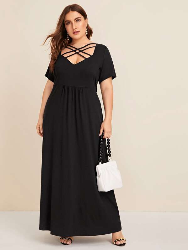 

Plus Criss Cross Tie Back Maxi Dress, Black, Franziska