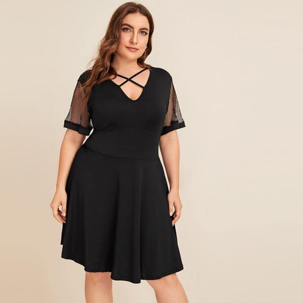 

Plus Contrast Fishnet Criss Cross Dress, Black
