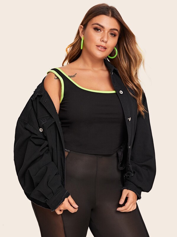 

Plus Ripped Button Front Denim Coat, Black, Angelica