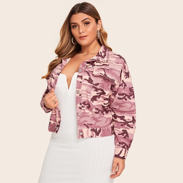 

Plus Camouflage Print Double Pocket Denim Coat