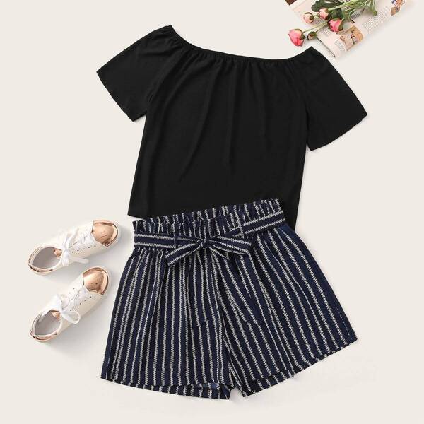 

Plus Solid Tee With Striped Belted Shorts
