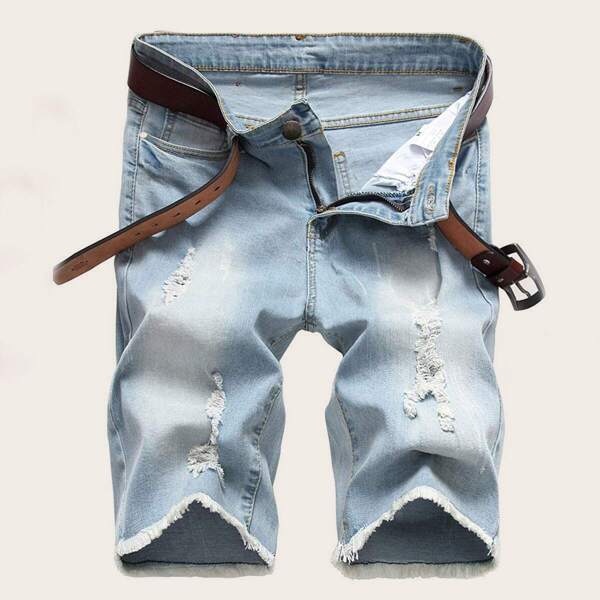 

Men Ripped Raw Hem Washed Denim Shorts