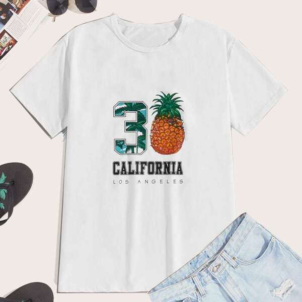 

Men Letter And Pineapple Print Tee