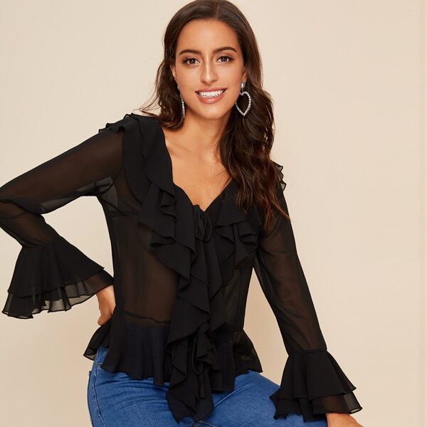 

Solid Ruffle Trim Tie Back Sheer Blouse