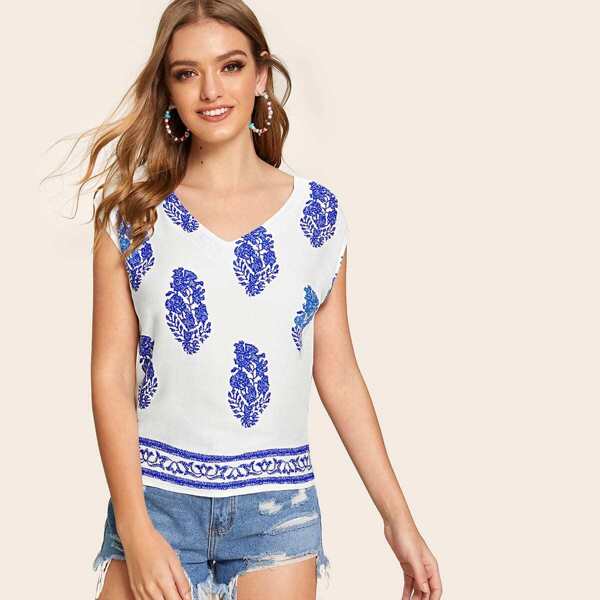 

Leaf Print V-neck Cap Sleeve Blouse