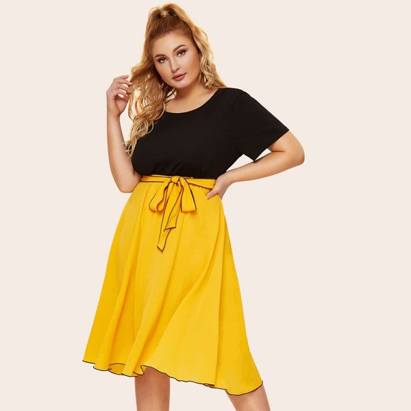 

Plus Two Tone Self Tie Dress, Multicolor