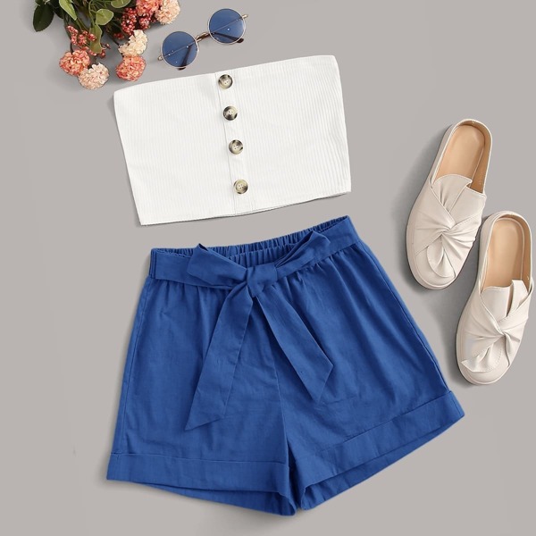 

Button Through Tube With Tie Front Shorts, Multicolor