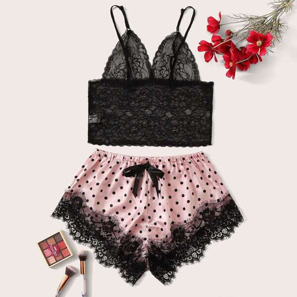

Floral Lace Bralette With Polka Dot Shorts