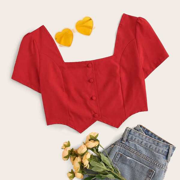 

Button Front Shirred Crop Top