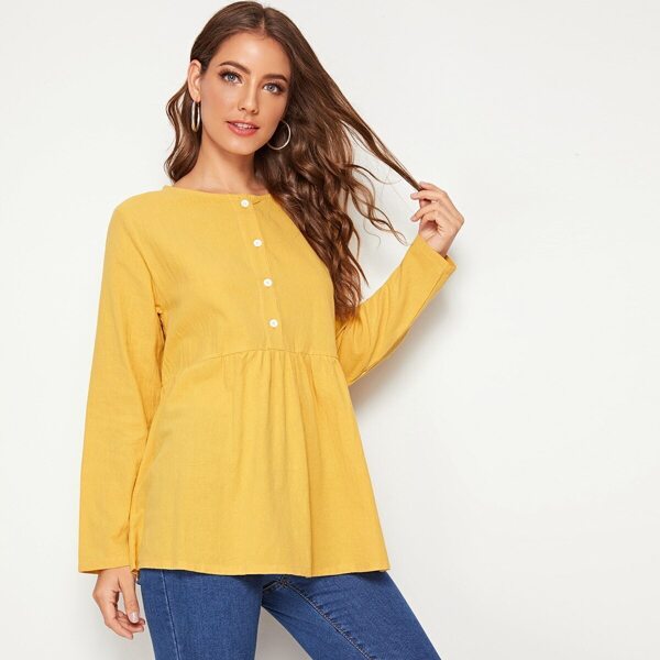 

Solid Half Placket Peplum Blouse, Yellow