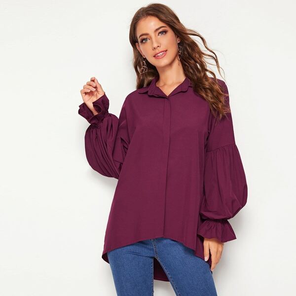 

Solid Lantern Sleeve Hidden Button Blouse