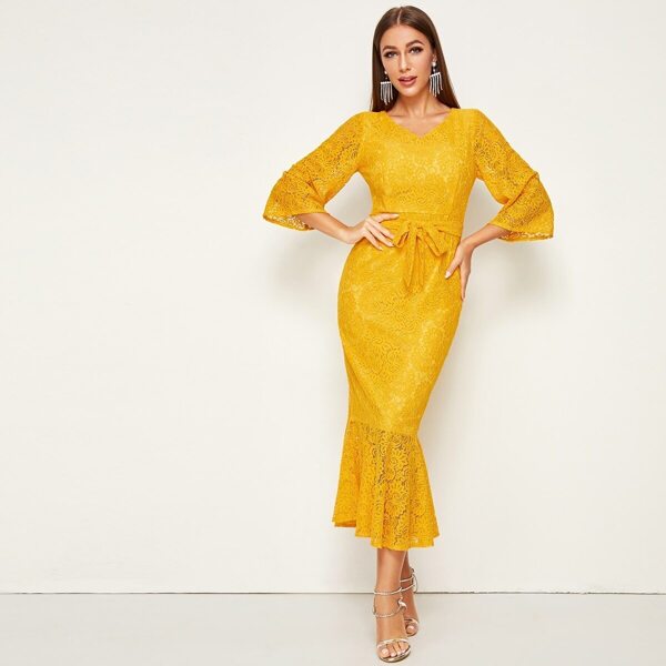 

Lace Belted Fishtail Hem Dress