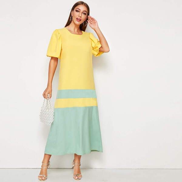 

Cut And Sew Puff Sleeve Longline Dress, Multicolor