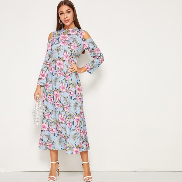 

Floral Cold Shoulder Keyhole Back Dress