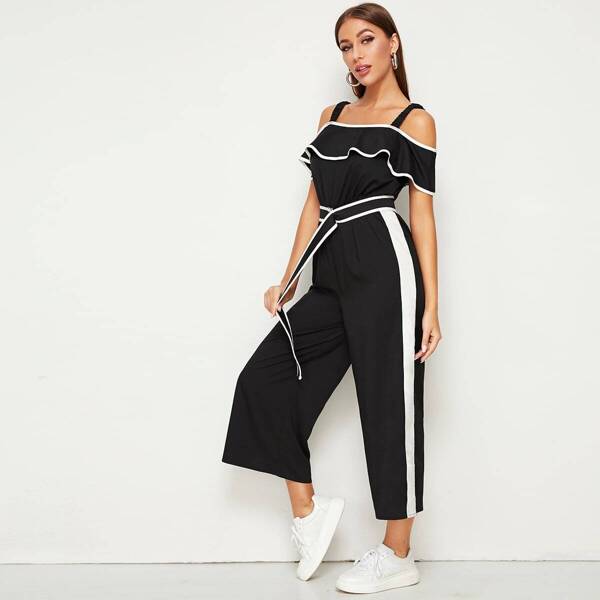 

Contrast Binding Cold Shoulder Belted Jumpsuit