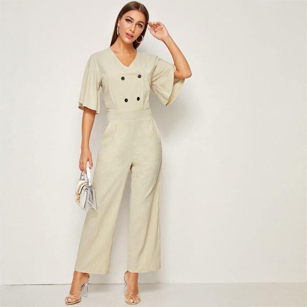 

Double Button V Neck Jumpsuit, Beige