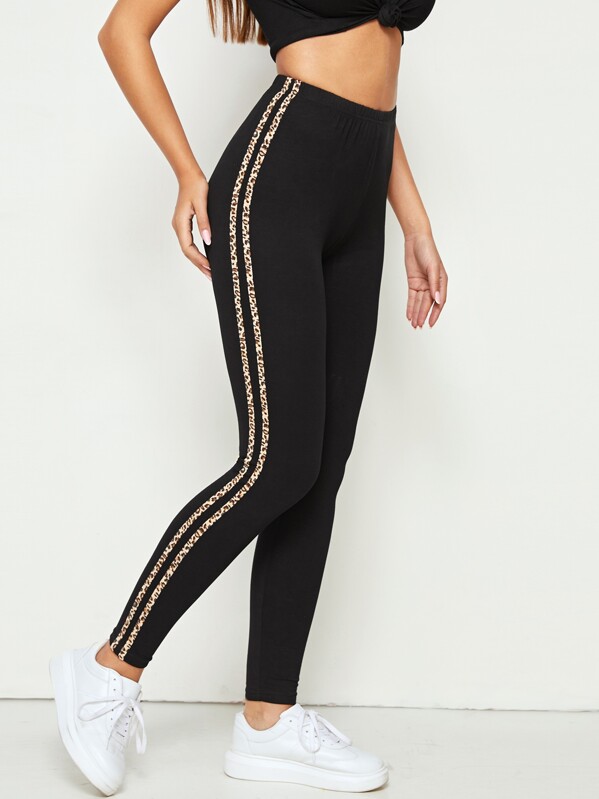 

Leopard Side Striped Skinny Leggings, Black, Hanna