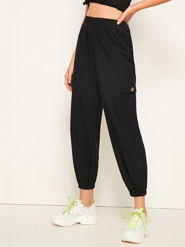 Solid Pocket Side Elastic Waist Pants, Black, Luiza