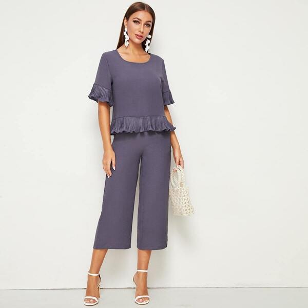 

Solid Pleated Ruffle Trim Blouse & Pants Set