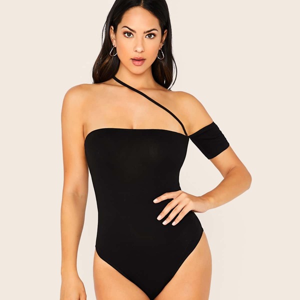 

One Sleeve Fitted Bodysuit With Strappy, Black
