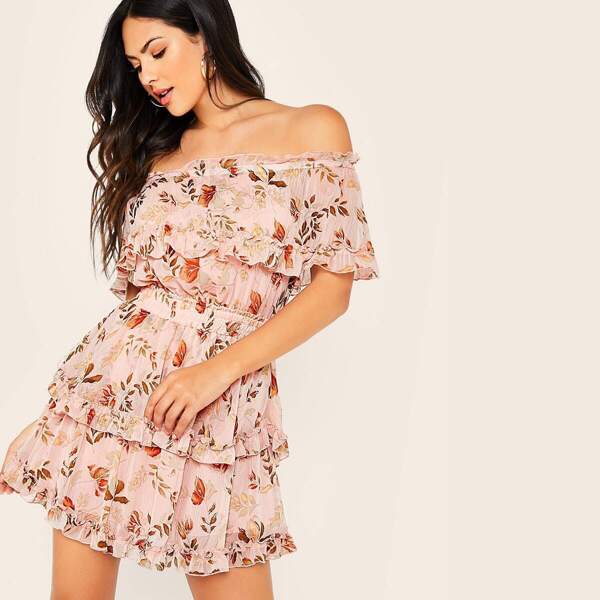 

Off Shoulder Ruffle Trim Floral Print Dress