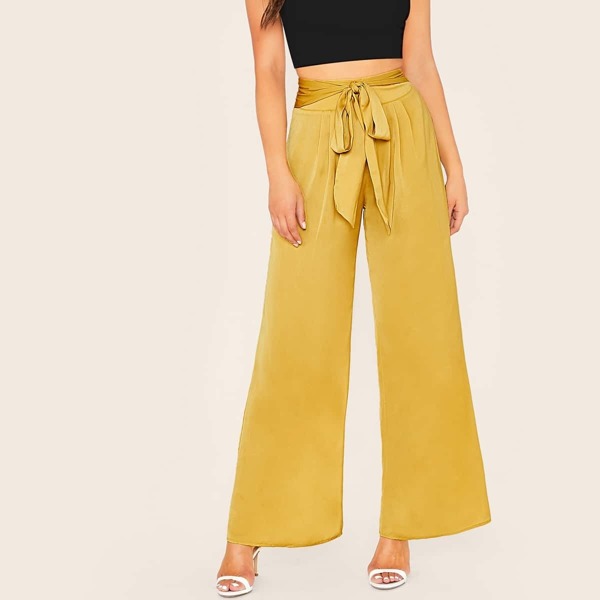 

High Waist Belted Palazzo Pants, Yellow