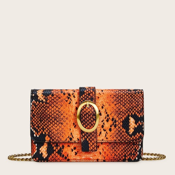 

Chain Strap Snakeskin Print Flap Crossbody Bag