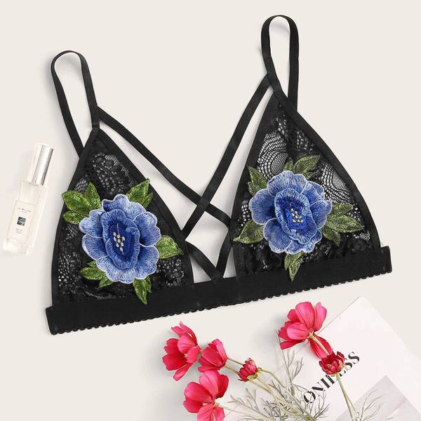 

Plus Floral Appliques Harness Bralette, Black