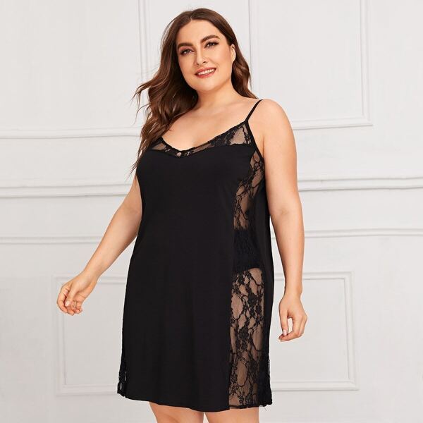 

Plus Contrast Lace Cami Dress, Black
