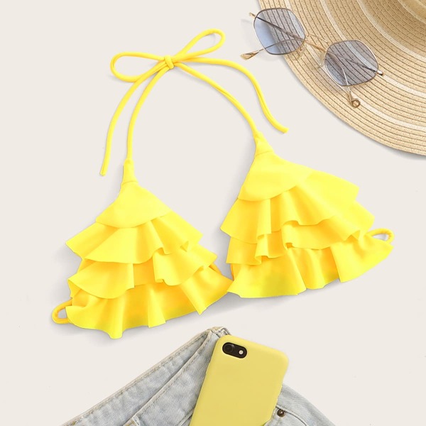 

Neon Yellow Tiered Layer Halter Bikini Top