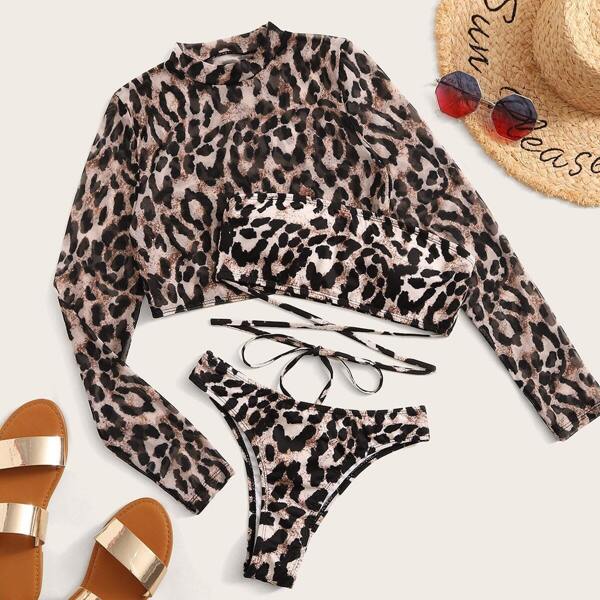 

Leopard Long Sleeve 3piece Swimwear, Multicolor