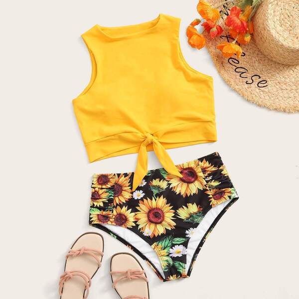 

Knot Hem Racerback Top With Sunflower Bikini Set