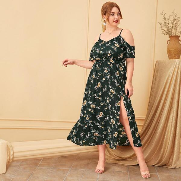 

Plus Floral Print Cold Shoulder Split Thigh Dress, Green