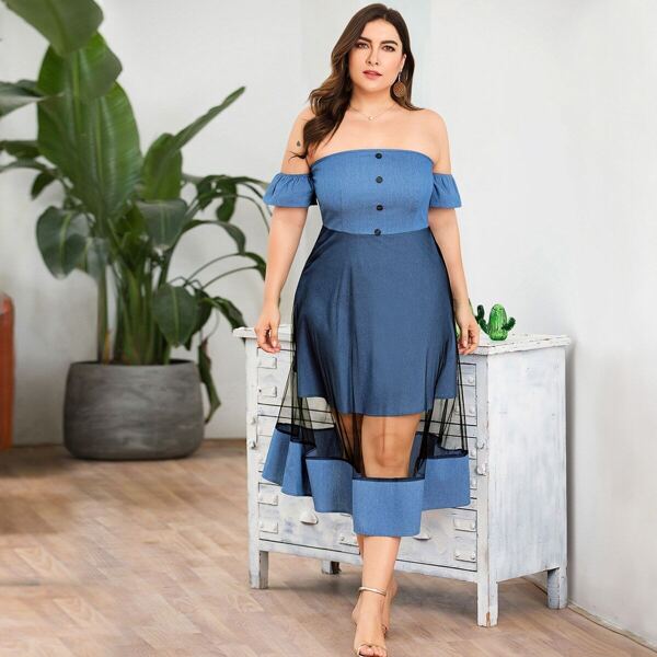 

Plus Button Front Off The Shoulder Contrast Mesh Denim Dress, Blue