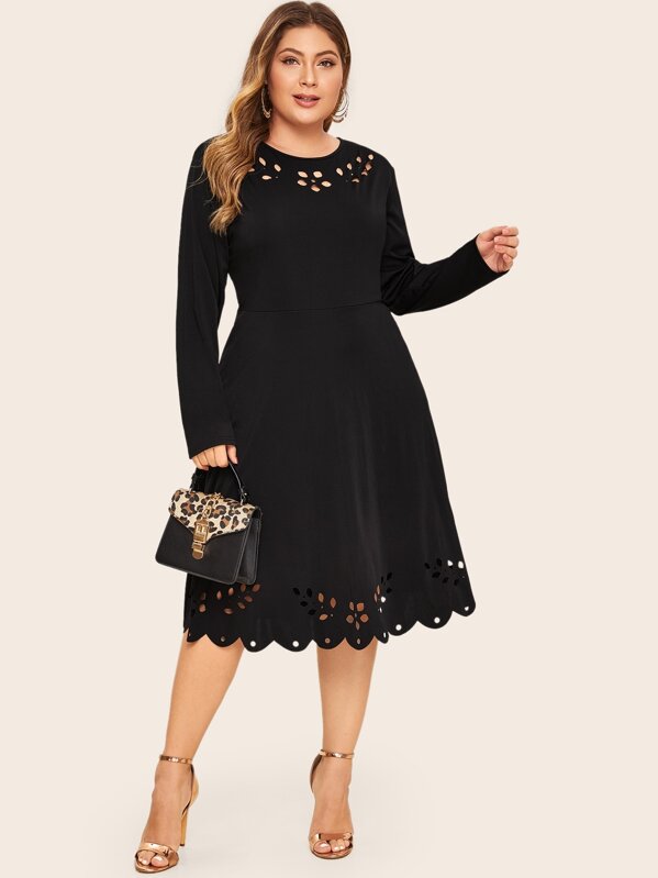 

Plus Solid Laser Out Dress, Black, Carol