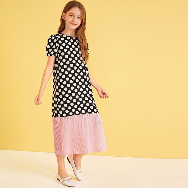 

Girls Puff Sleeve Polka Dot Contrast Pleated Hem Dress, Black