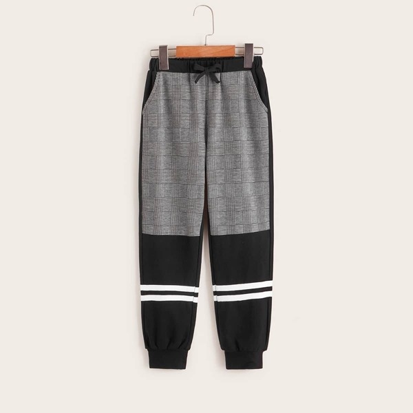 

Boys Plaid Print Tie Front Pants, Black