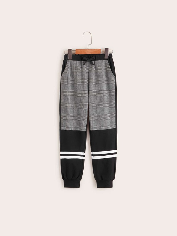 

Boys Plaid Print Tie Front Pants, Black