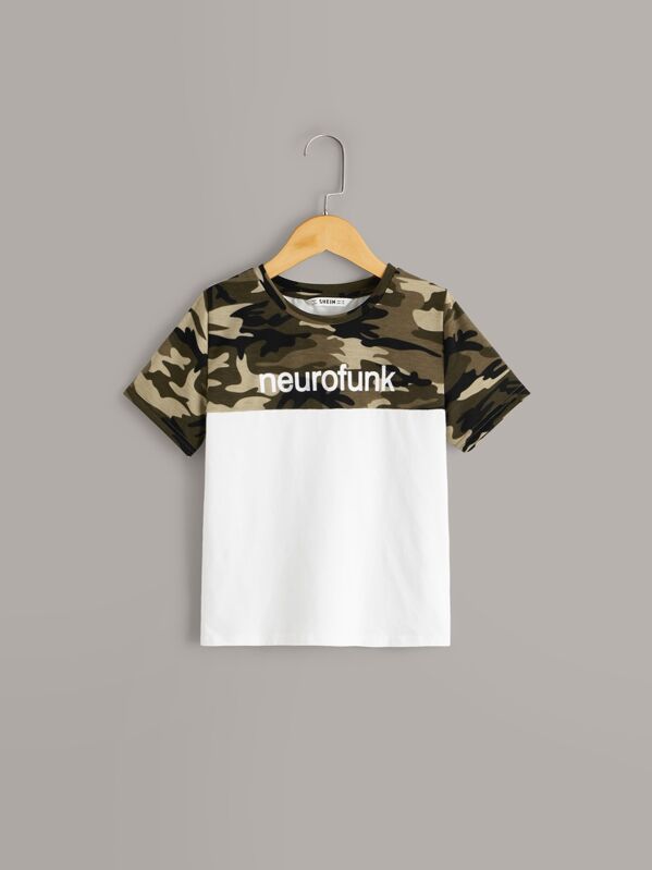 

Boys Camo & Letter Print Colorblock Tee, Multicolor