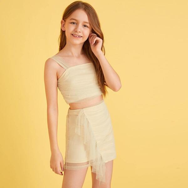 

Girls Mesh Overlay Tank Top and Ruffle Skirt Set, Khaki pastel