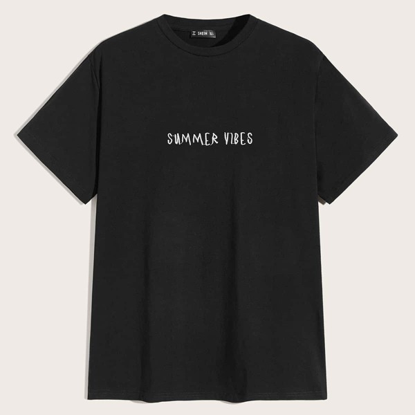 

Men Embroidery Slogan Detail Short Sleeve Top, Black