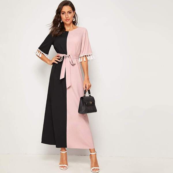 

Two Tone Fringe Detail Belted Maxi Dress