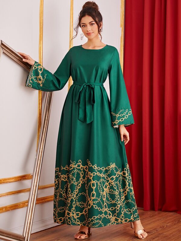 

Bell Sleeve Chain Print Belted Dress, Green, Carol A