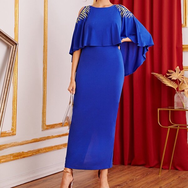 

Embroidery Cold Shoulder Foldover Split Hem Cape Dress, Blue bright