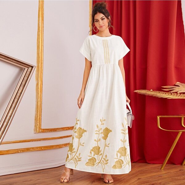

Floral Embroidered Keyhole Back Dress, Beige